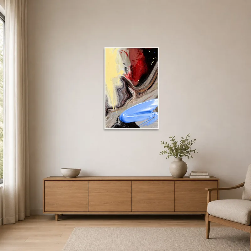 Abstract swirl artwork bringing energy to a minimalist room with clean lines.