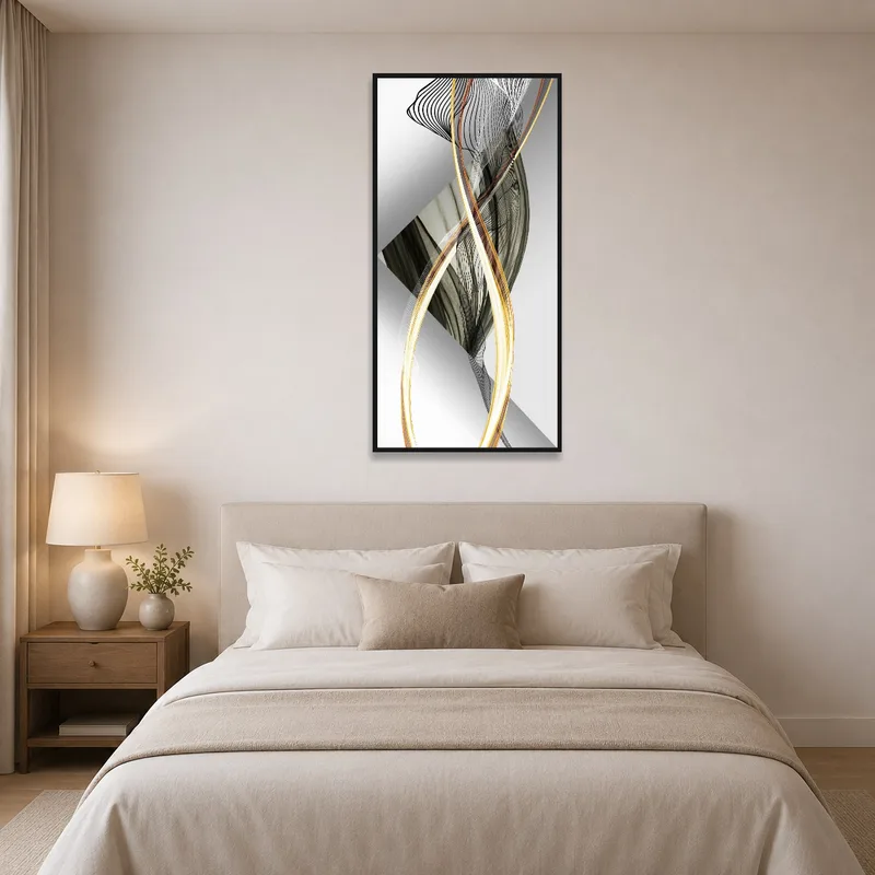 Elegant abstract swirls in monochrome and gold enhance the calming bedroom ambiance.