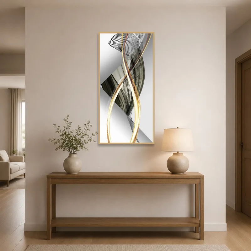 A bold monochrome and gold swirl artwork welcomes guests in the entrance hall.
