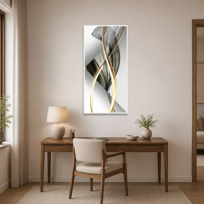 Monochrome and gold abstract swirls create an inspiring focal point in the home office.