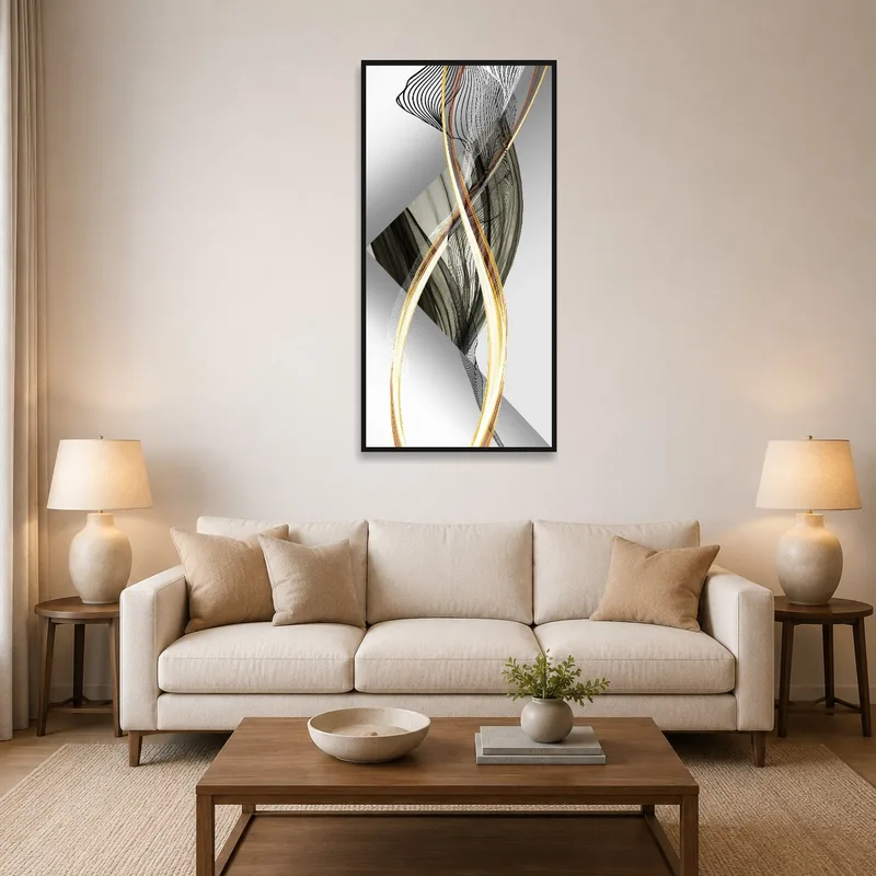 Abstract swirls artwork in monochrome and gold brightens the living room wall.