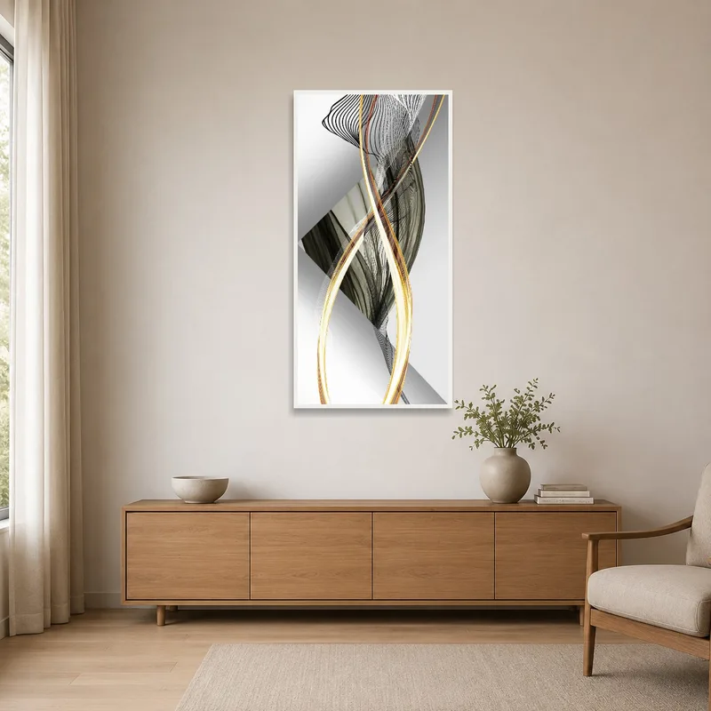 Monochrome and gold swirls accent a minimalist room with subtle sophistication.