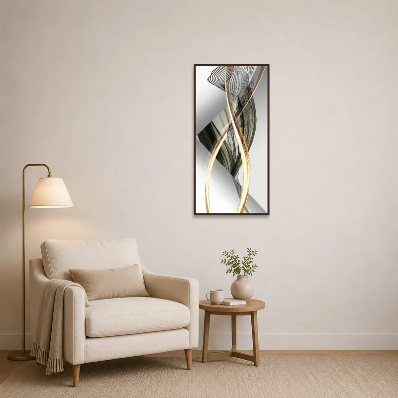 Swirling monochrome and gold piece adds flair to a cozy reading corner.