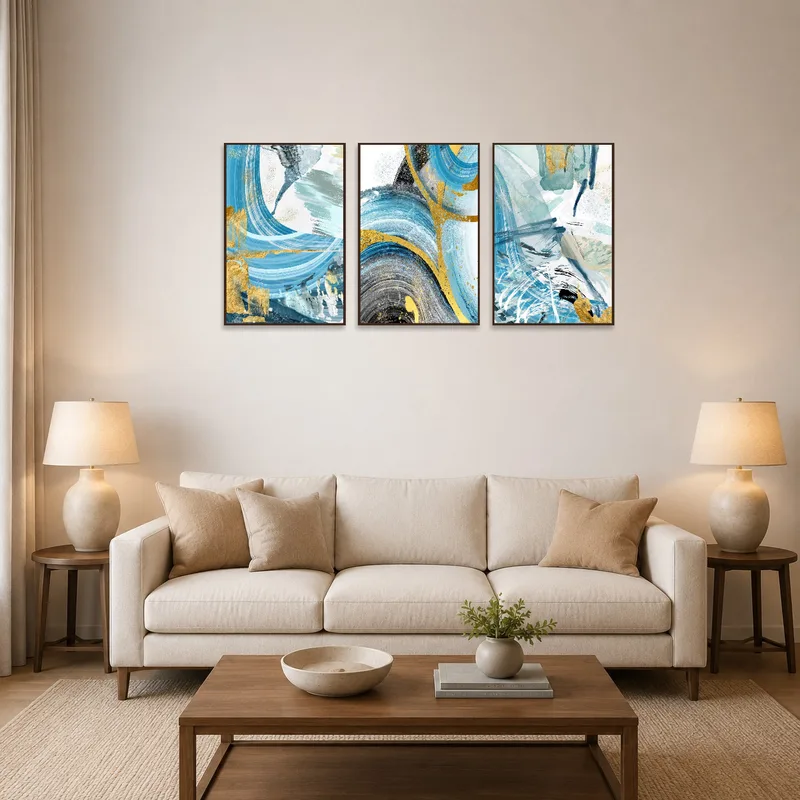 Triptych with gold accents hanging in a spacious living room with modern furniture.