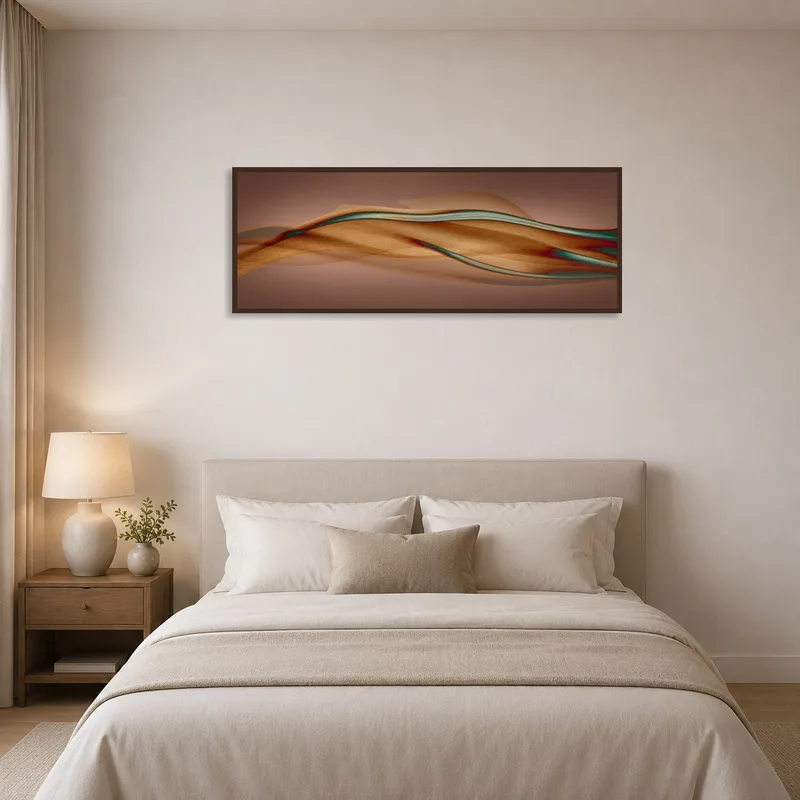 Peaceful bedroom accented by soft abstract waves art.