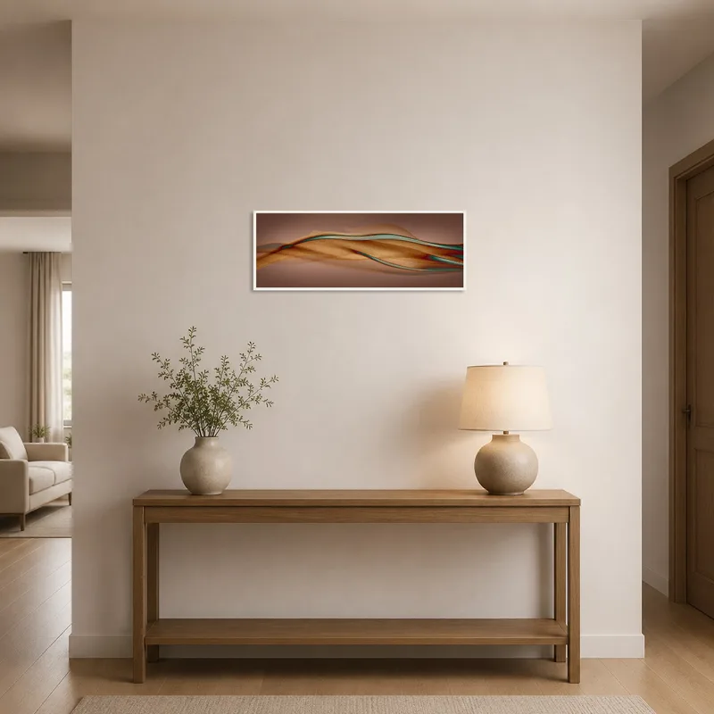 Entryway with striking abstract waves adding warmth.