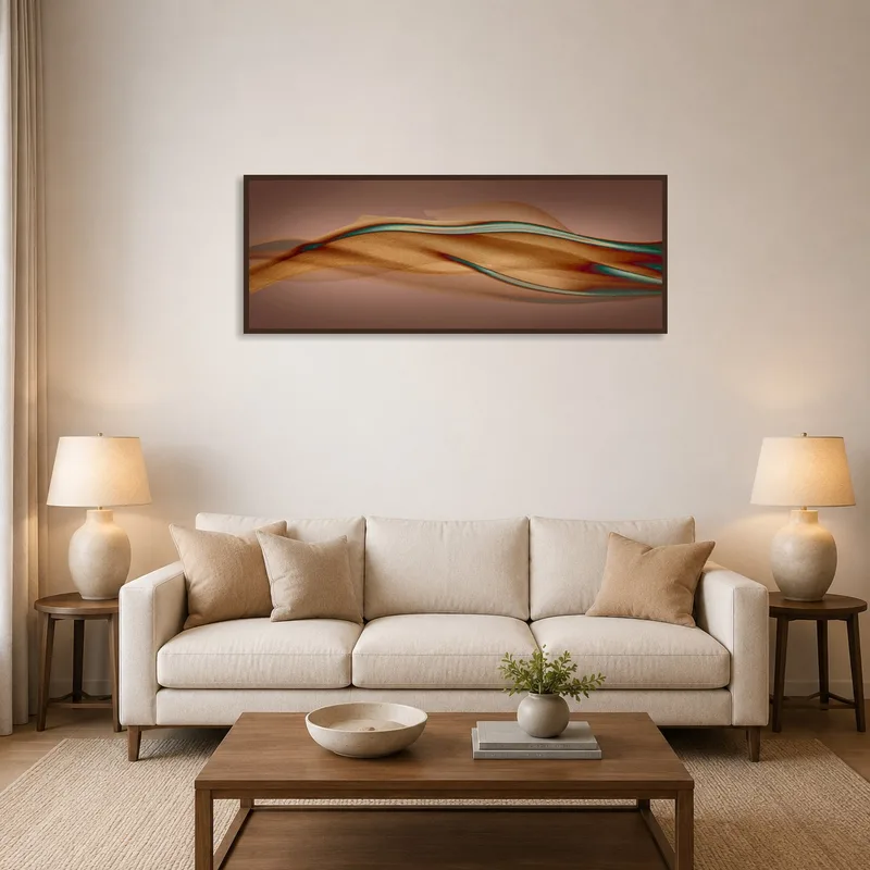 Earthy abstract waves art above a contemporary sofa setting.
