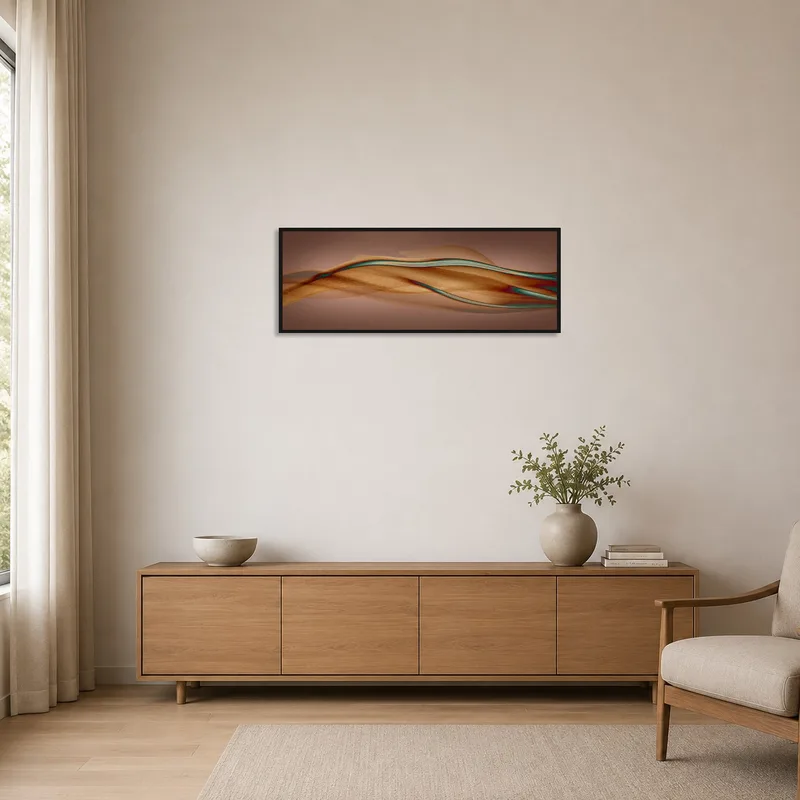 Simple wall with abstract waves art in neutral tones.