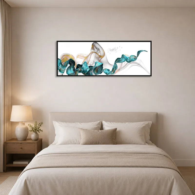 Abstract waves piece enhancing tranquility in a calm bedroom setting.