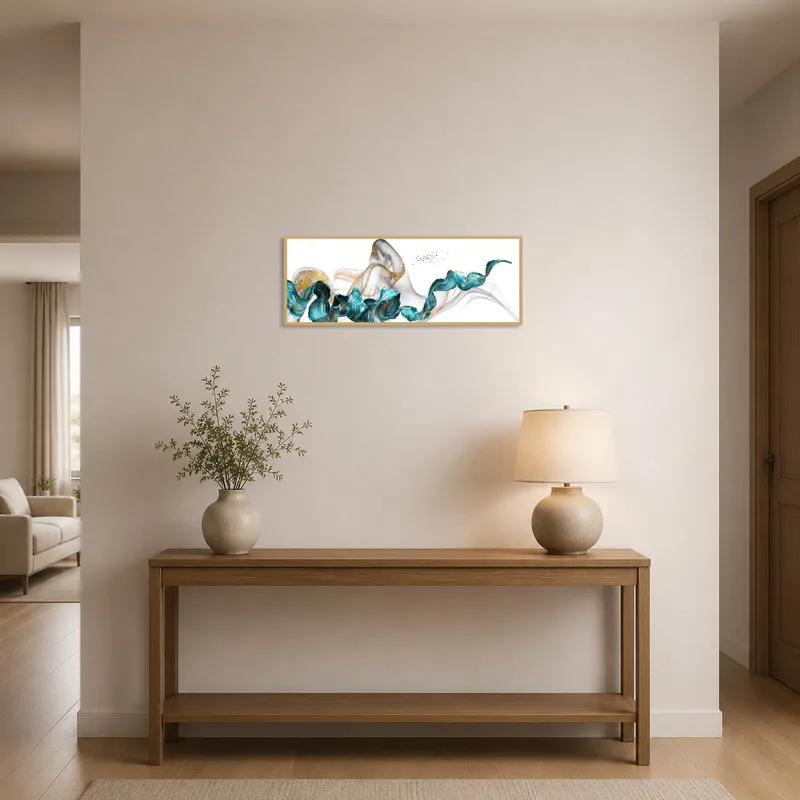Vibrant abstract waves print greeting guests upon entrance.
