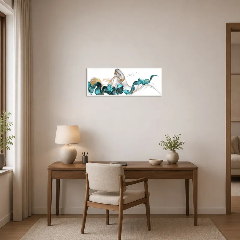 Inspiring abstract waves artwork in a functional home office space.