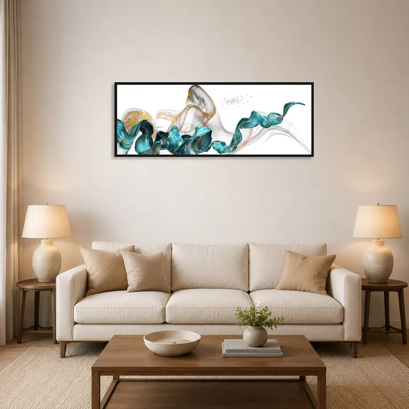 Panoramic abstract waves print above a modern sofa in a cozy living room.