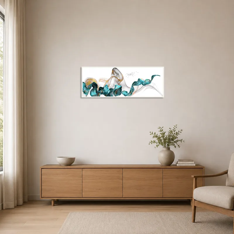 Simplistic room with abstract waves artwork on a plain wall.