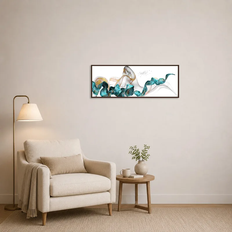 Artistic wave print adding a creative touch to a serene reading corner.