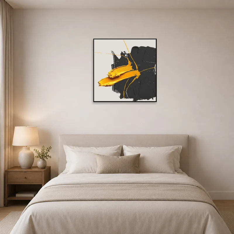 Bedroom wall adorned with striking yellow and black abstract art.