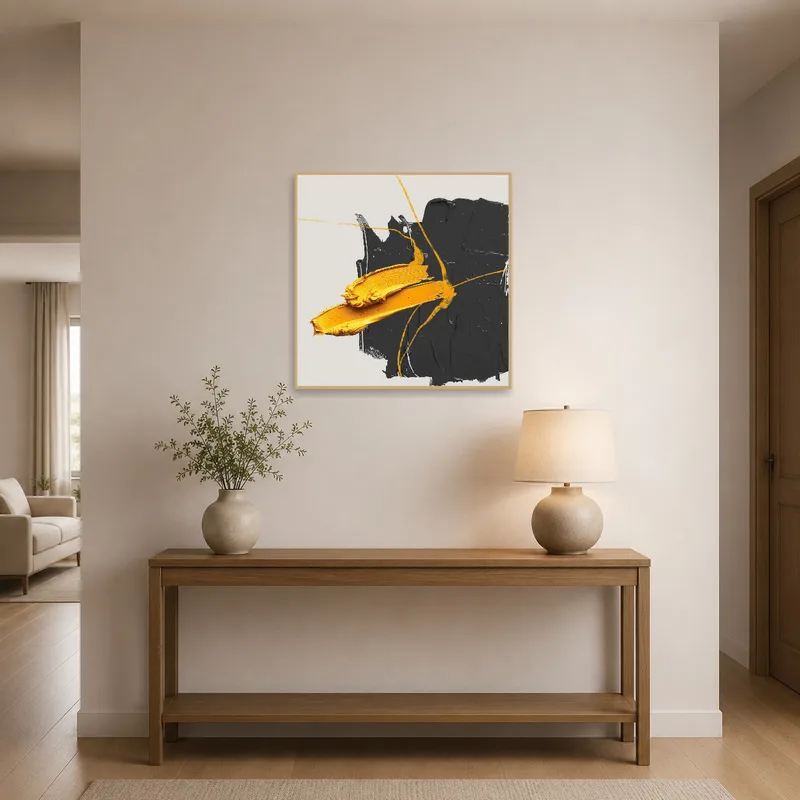 Entrance hall accentuated by dynamic yellow and black strokes.