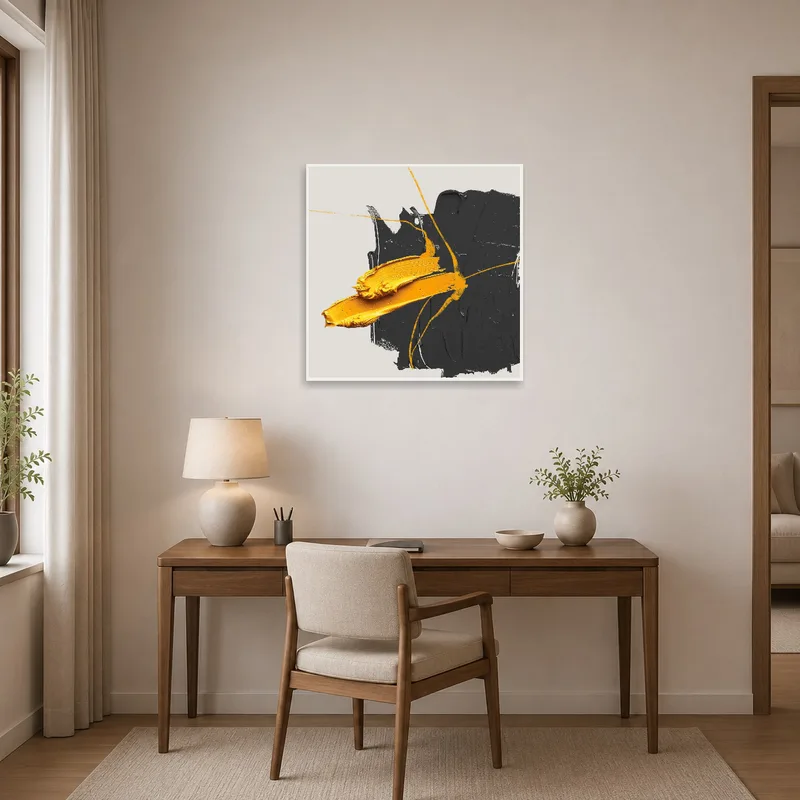 Home office energized by dynamic yellow and black artwork.