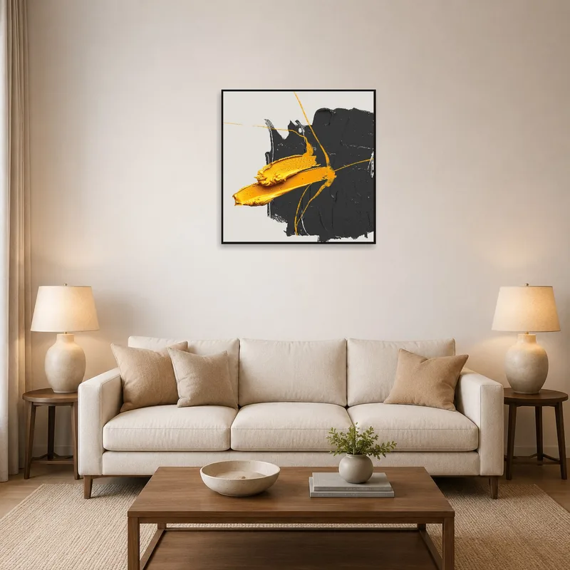 Abstract art with yellow and black strokes enhances a modern living room.