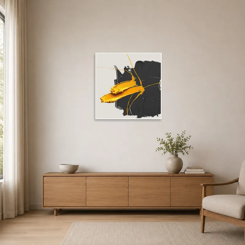 Minimalist room featuring abstract strokes of yellow and black.