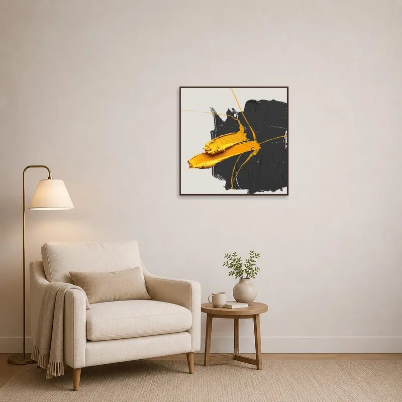 Reading corner brought to life with vibrant yellow and black abstract.