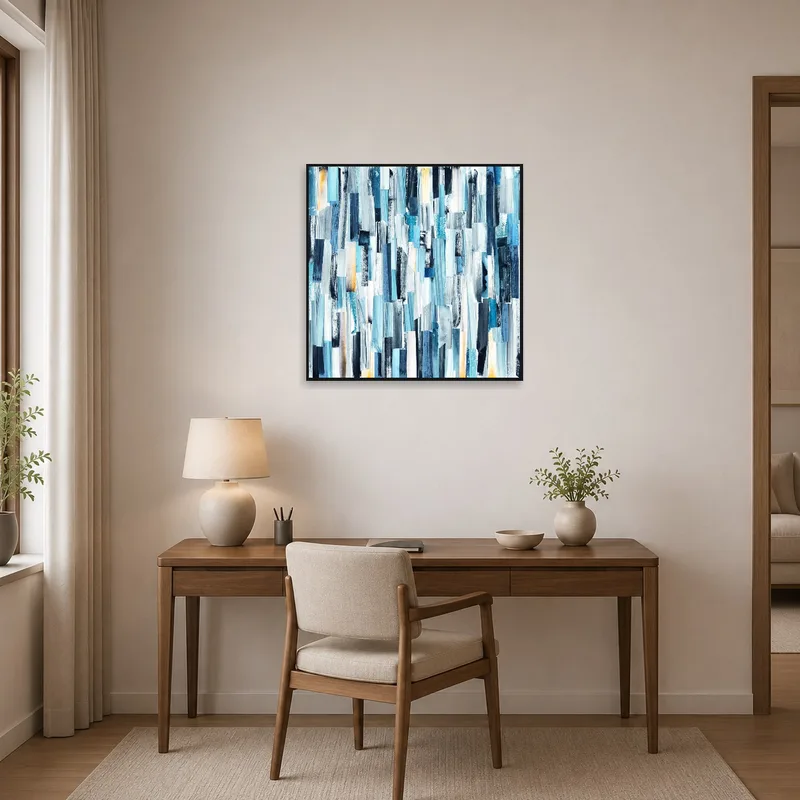 Blue abstract art piece in a home office, adding vibrancy to a workspace with a desk and chair.