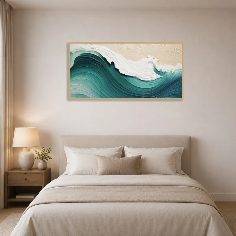 Serene bedroom with ocean wave art above the bed.