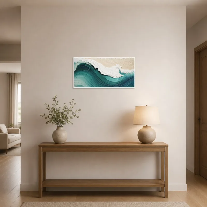 Ocean wave art welcoming guests in a bright entrance hall.