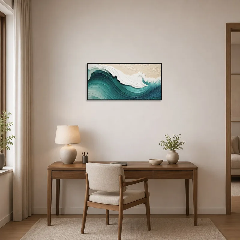Home office featuring ocean wave art for inspiration over desk.