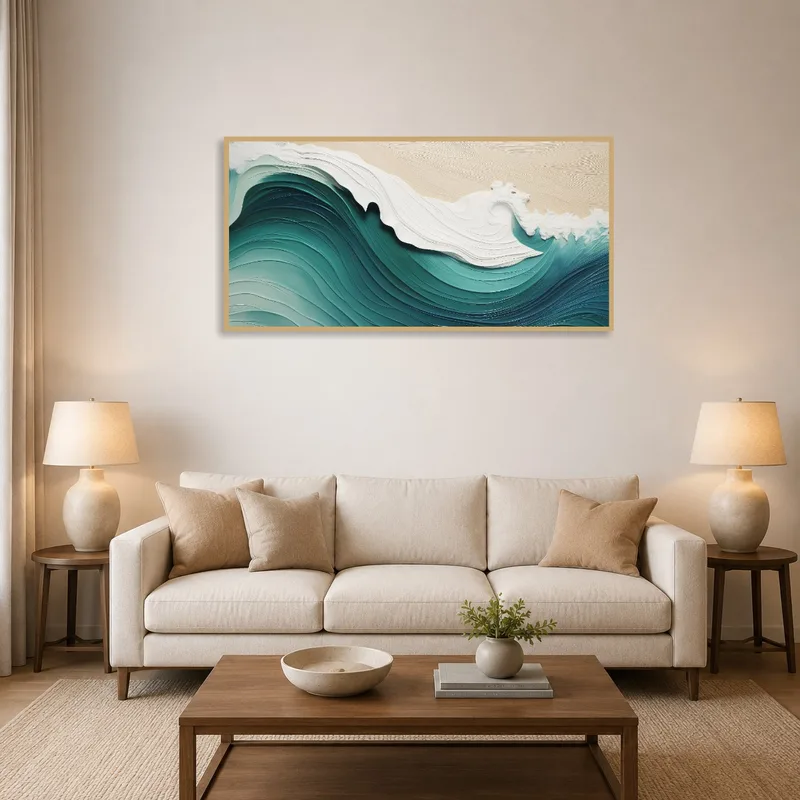 Panoramic ocean wave art above a modern couch in a living room.