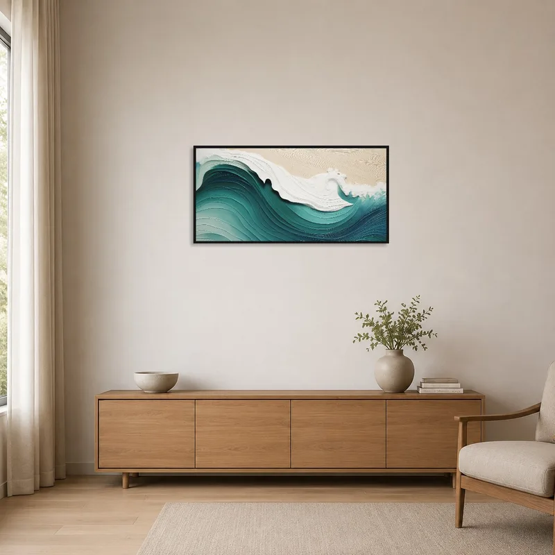 Minimalist room with ocean wave art on a plain wall.