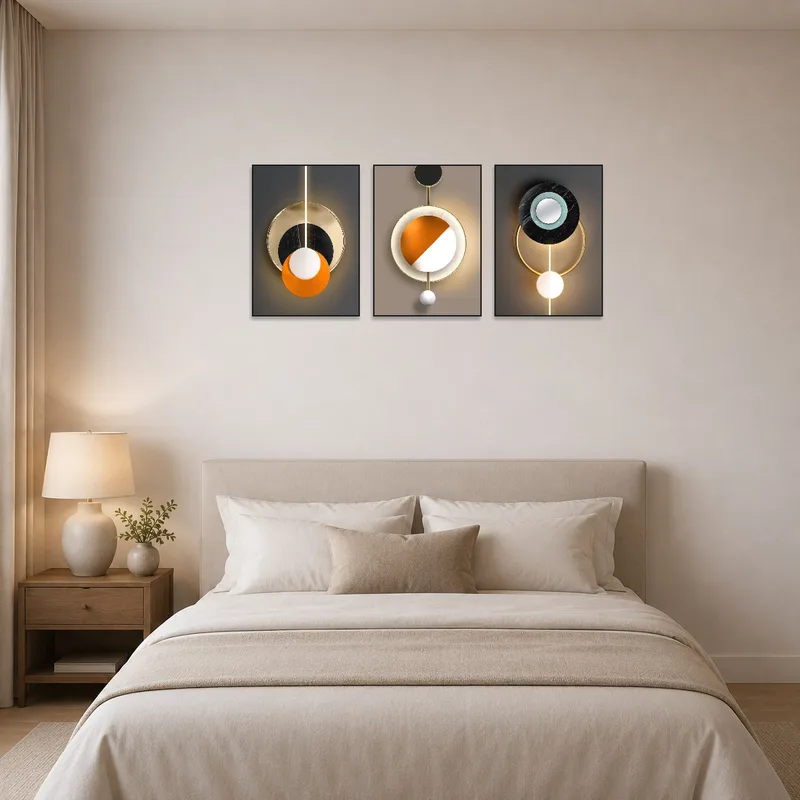 Geometric art triptych adds boldness above a bed in a serene bedroom setting.