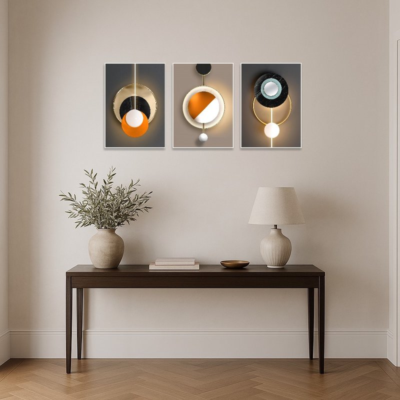 Geometric abstract triptych art set in an entrance hall adding a contemporary touch.