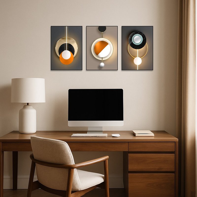 Geometric abstract triptych art set in a home office, enhancing a creative workspace.