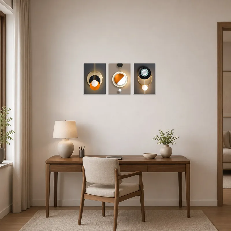 Modern geometric triptych with circles enhancing the creative vibe of a home office wall.