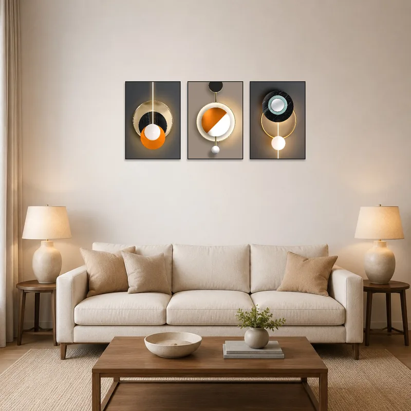 Modern geometric art triptych with bold circles in a stylish living room above a contemporary sofa.