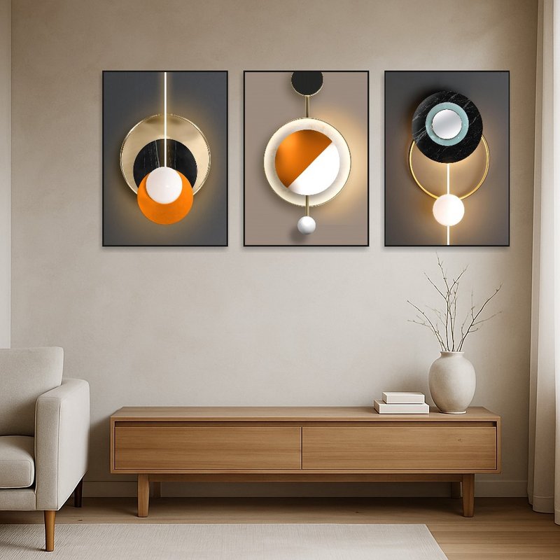 Geometric abstract triptych art set in a minimalist room with clean lines and neutral tones.