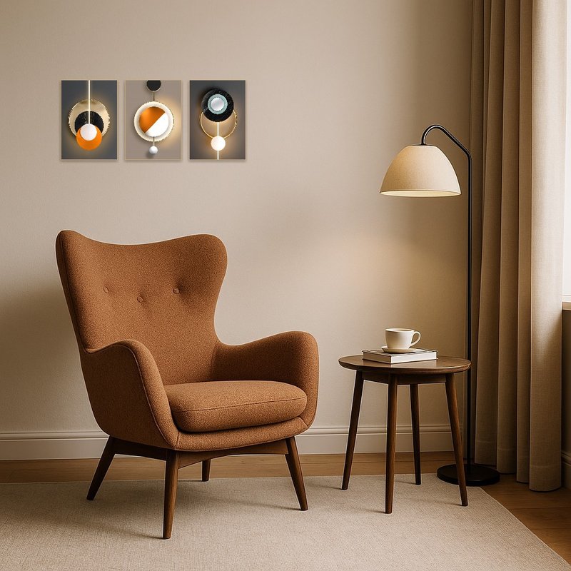 Geometric abstract triptych art set in a cozy reading corner with a comfy chair and lamp.