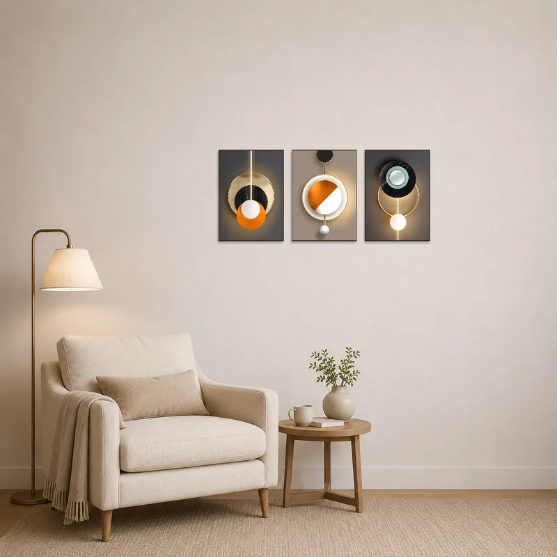 Bold circle triptych brings a modern edge to a cozy reading corner with a comfortable chair.