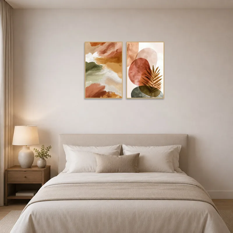 Bedroom wall adorned with earthy abstract and botanical art set for a soothing atmosphere.
