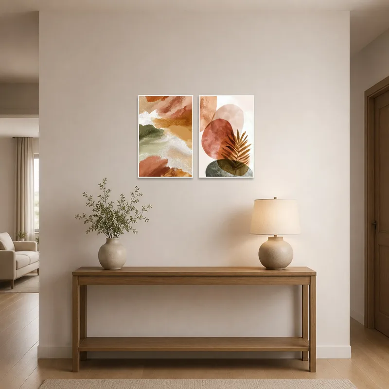 Entrance hall featuring an earthy and botanical art set welcoming visitors.