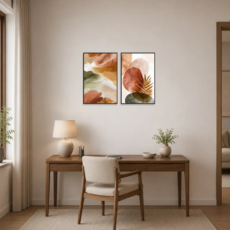 Home office enhanced by an earthy abstract and botanical art set for creative inspiration.