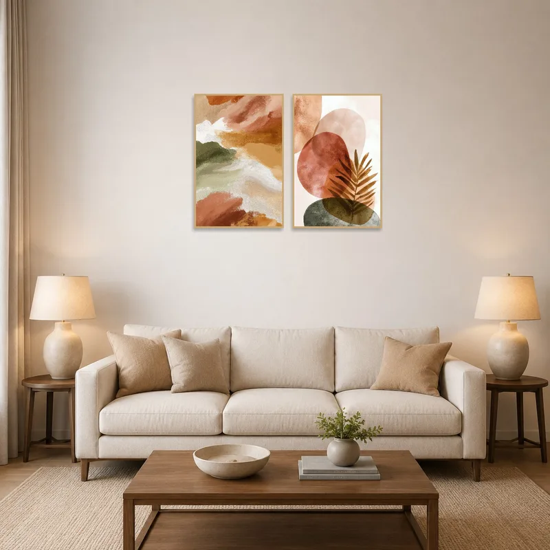 Earthy abstract and botanical art set on a living room wall with cozy seating.