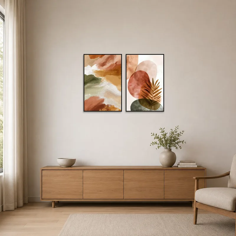 Minimalist room with earthy and botanical art enhancing the simple decor.