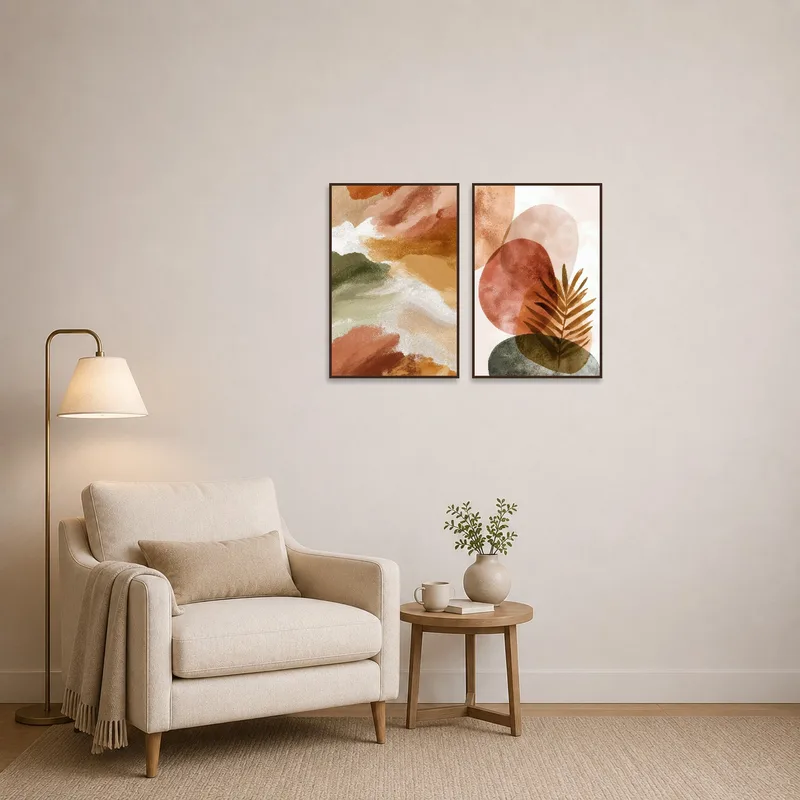 Reading corner decorated with earthy abstract and botanical art for a cozy vibe.