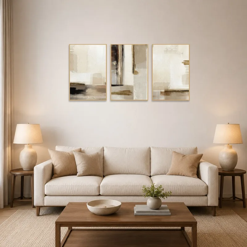Earthy tones abstract triptych art set in a cozy living room above a neutral sofa.