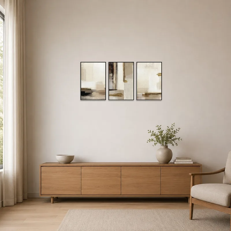 Earthy tones abstract triptych art set on a stark white wall in a minimalist space.