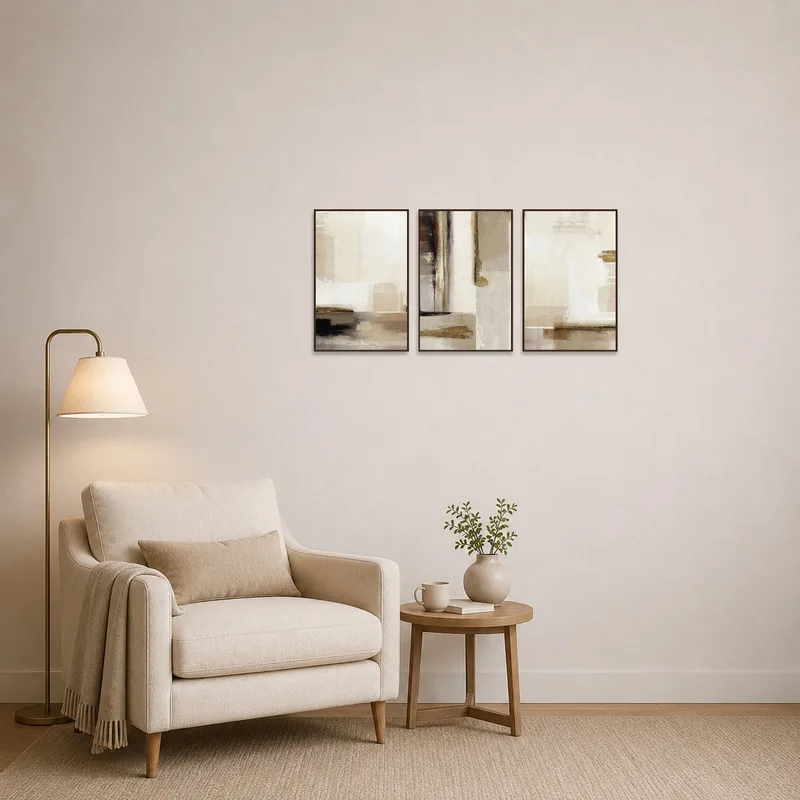 Earthy tones abstract triptych art set in a cozy reading corner beside an armchair.