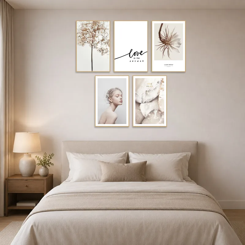 The bedroom's soothing atmosphere complemented by nature-themed elegance art.