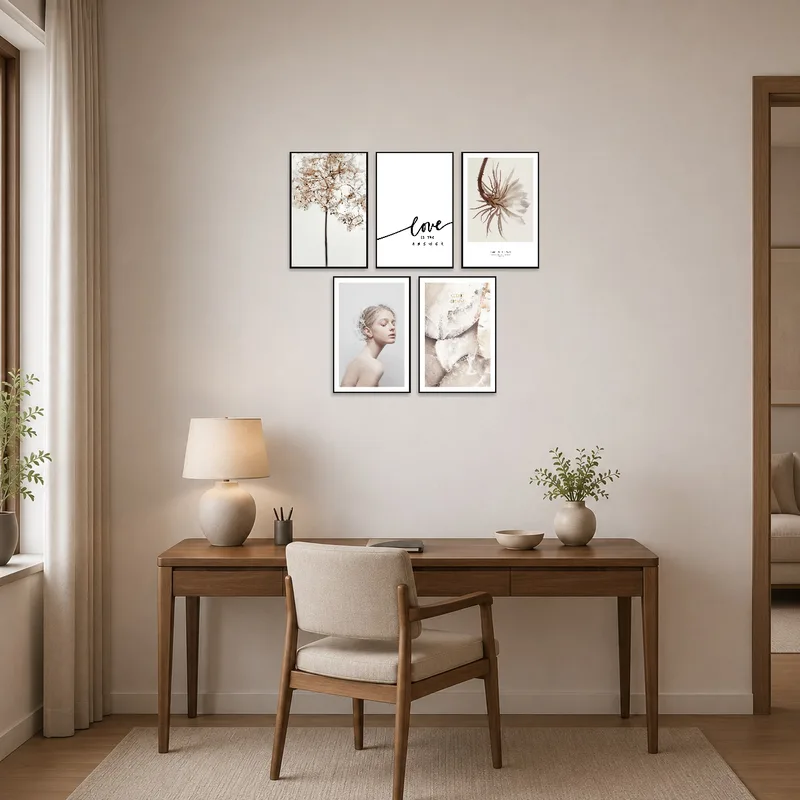 Home office wall adorned with elegant nature and inspiration artwork.