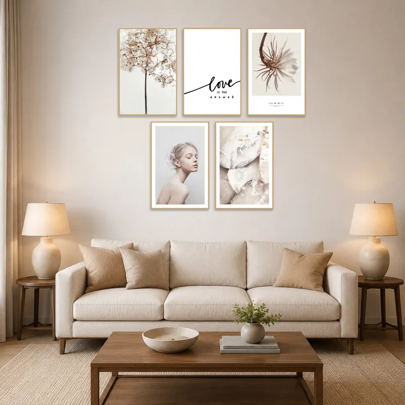 The Elegance Collection graces a living room wall with its nature-inspired beauty.
